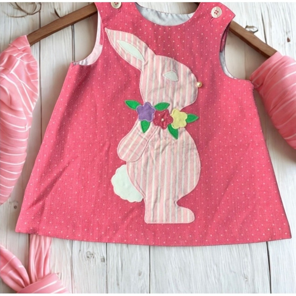 Vintage Bunny Applique Jumper Dress Chocolate Soup Easter Coquette Girl-24M